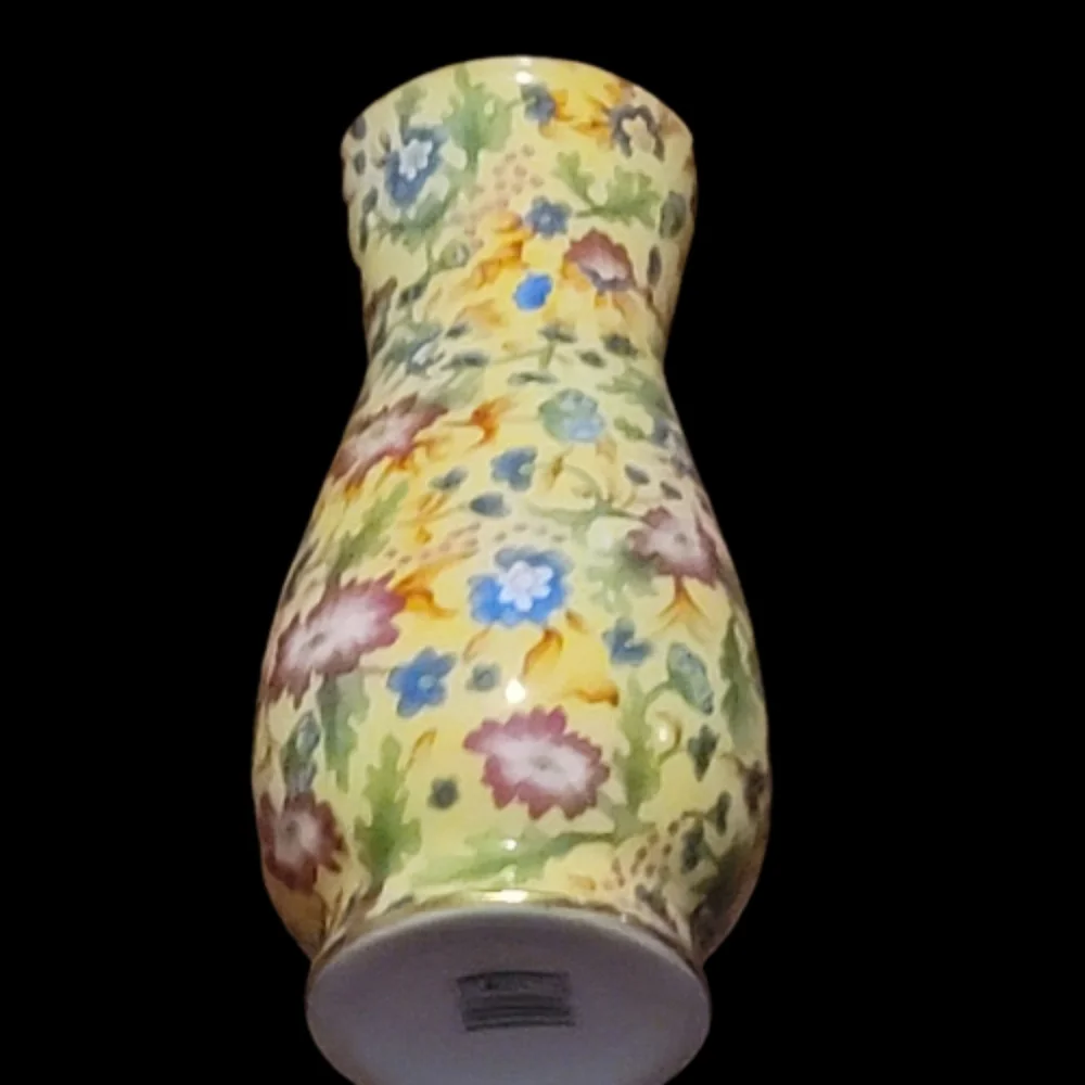 Two’s Company 5.5” FLORAL CHINTZ Bud Vase With Gold Rim yellow blue pink green